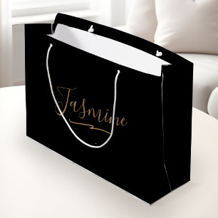 Grand Sac Cadeau Nom du script féminin en or noir moderne