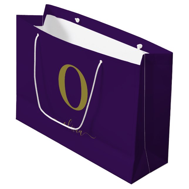 Grand Sac Cadeau Nom Du Script Monogramme Personnalisé Purple Et Or (Devant Angle)
