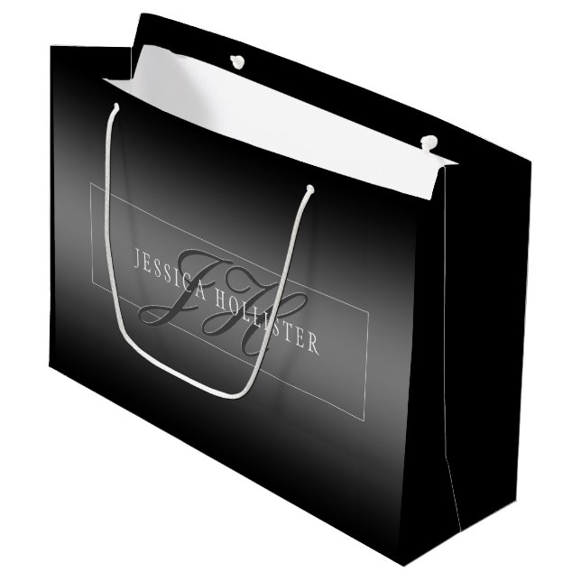 Grand Sac Cadeau Nom élégant et initiales monogrammées | Noir et gr (Devant Angle)