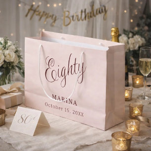 Grand Sac Cadeau Nom en écriture rose gold pour 80e anniversaire