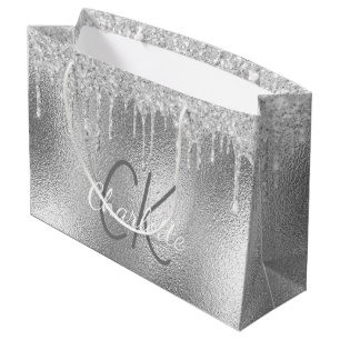Grand Sac Cadeau Nom en monogramme argenté moderne élégant
