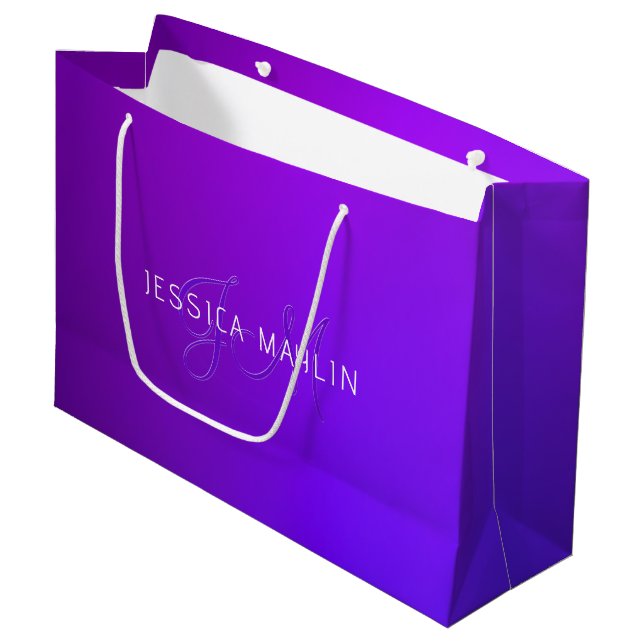 Grand Sac Cadeau Nom et monogramme modernes de dégradé pourpre (Devant Angle)
