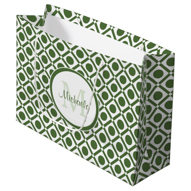 Grand Sac Cadeau Nom géométrique moderne vert et blanc (Devant Angle)