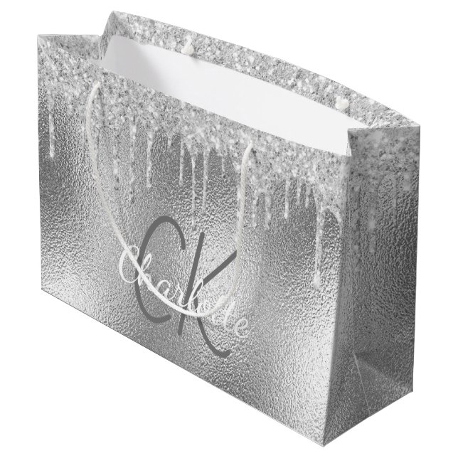 Grand Sac Cadeau Nom monogramme argent moderne élégant (Dos Angle)