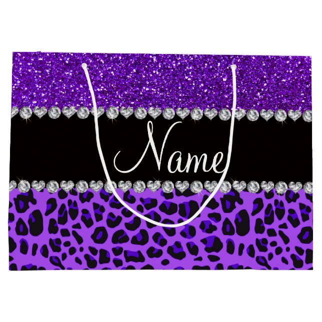 Grand Sac Cadeau Nom personnalisé leopard violet indigo violet part (Dos)