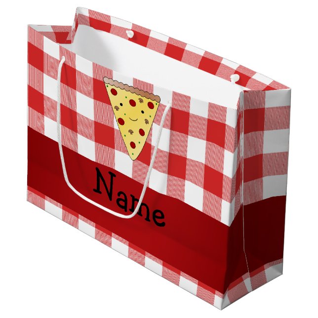 Grand Sac Cadeau Nom personnalisé mignon pizza rouge à damiers (Devant Angle)