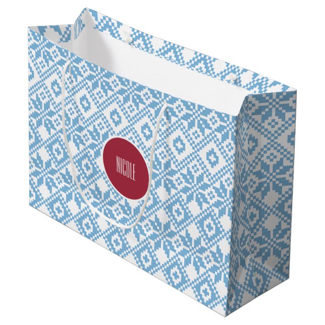 Grand Sac Cadeau Nom personnalisé Nordic Snowflake Motif (Devant Angle)