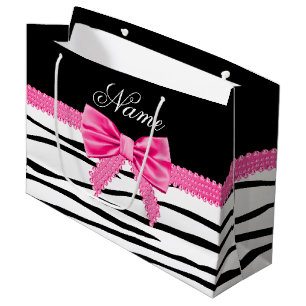 Grand Sac Cadeau Nom personnalisé zèbre arc rose rayé