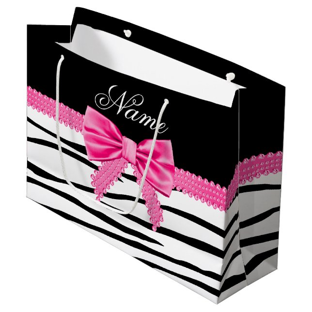 Grand Sac Cadeau Nom personnalisé zèbre arc rose rayé (Devant Angle)