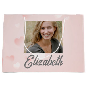 Grand Sac Cadeau Nom photo moderne Aquarelle rose Coeurs blancs