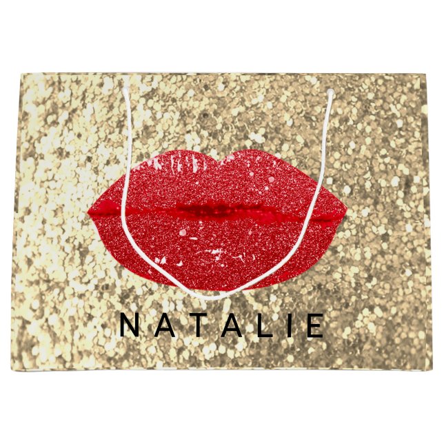 Grand Sac Cadeau Nom Red Kiss Lips Parties scintillant Champagne Go (Devant)