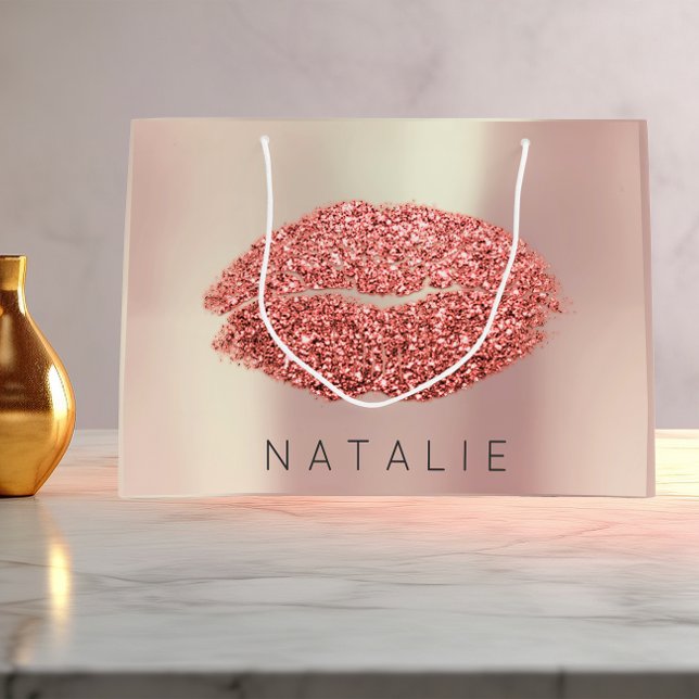 Grand Sac Cadeau Nom Rose Blush Pearl rose Kiss Lip Parties scintil (Name Rose Blush Pearl Pink Kiss Lip Glitter Copper Large Gift Bag)