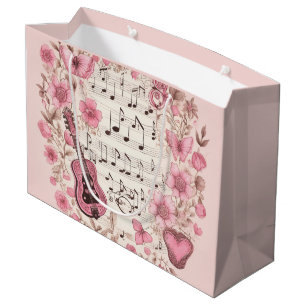 Grand Sac Cadeau Notes de musique et Fleurs style rétro
