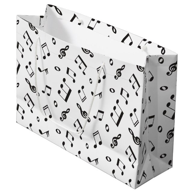 Grand Sac Cadeau Notes musicales noires et blanches (Devant Angle)