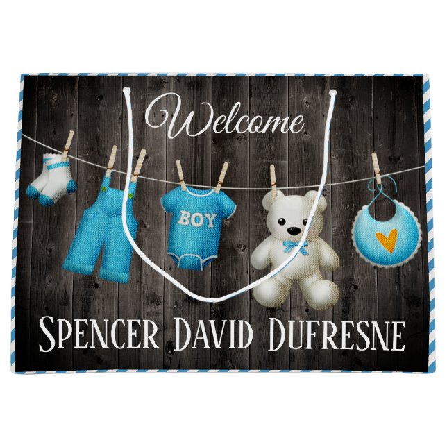 Grand Sac Cadeau Nouveau bébé personnalisé garçon (Devant)