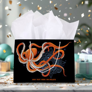 Grand Sac Cadeau Octopus Orange Mandala bleu