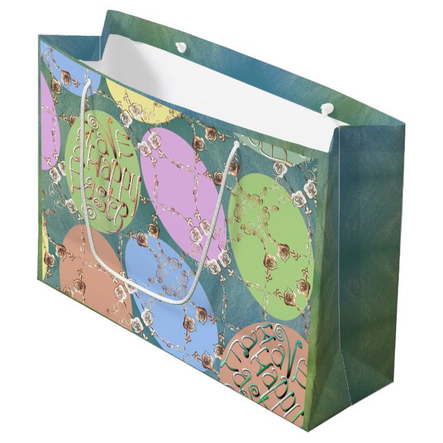 Grand Sac Cadeau OEufs Roses de Pâques sur Vert Bleu (Devant Angle)