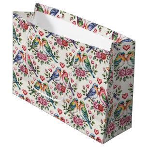 Grand Sac Cadeau Oiseaux d'amour de mariage mignons carrelés