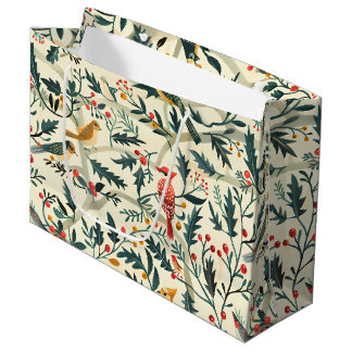 Grand Sac Cadeau Oiseaux de Noël et Feuilles