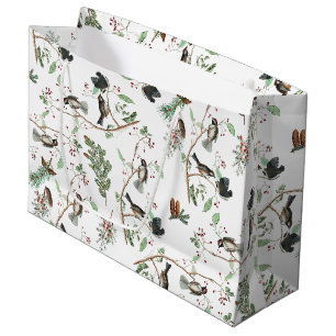Grand Sac Cadeau Oiseaux de poulet Baies et Pinecones Aquarelle
