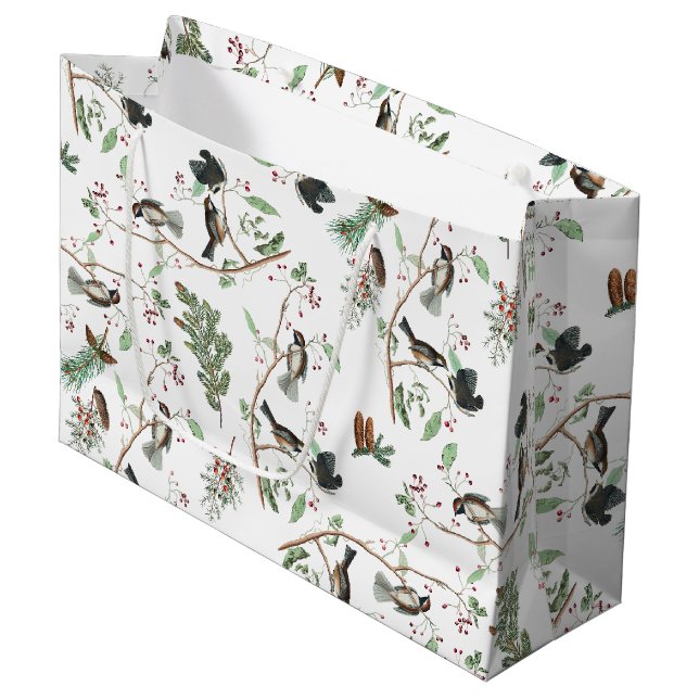 Grand Sac Cadeau Oiseaux de poulet Baies et Pinecones Aquarelle (Devant Angle)