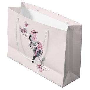 Grand Sac Cadeau Oiseaux roses et noirs sur une branche d'arbre