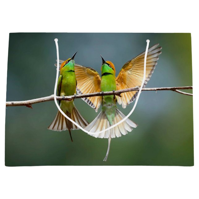 Grand Sac Cadeau Oiseaux verts s'éternisent dans les arbres Photogr (Devant)
