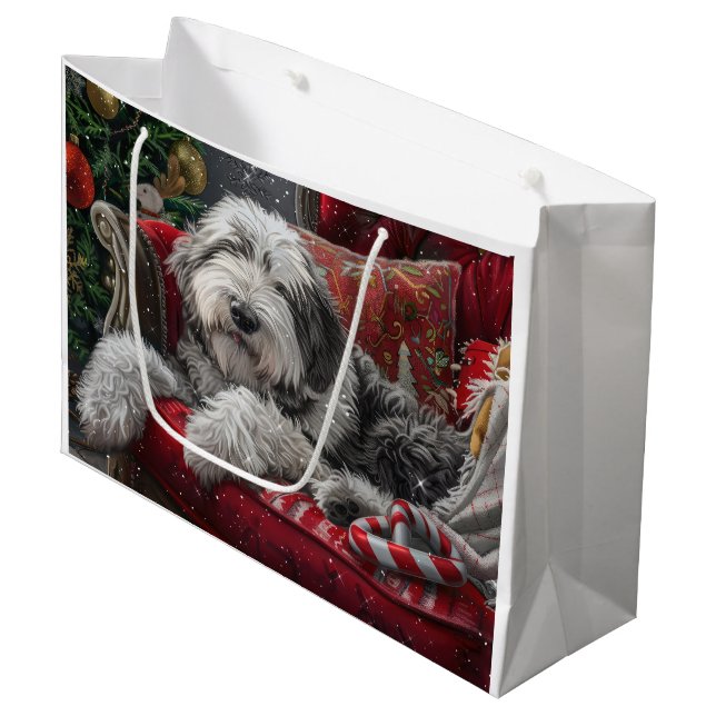 Grand Sac Cadeau Old English Sheepdog Festive de Noël (Devant Angle)