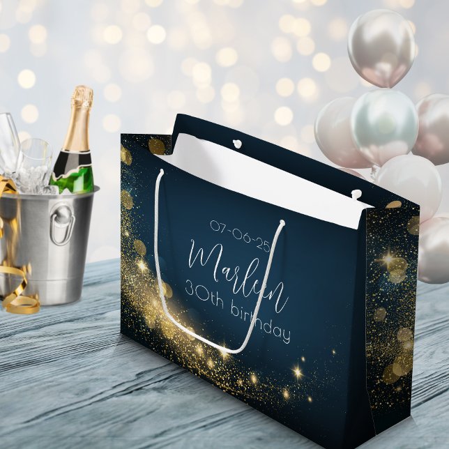 Grand Sac Cadeau Or d'anniversaire minuit bleu brillant or scimmer (Customizable gift bag with name and date. Party favor dark blue gold glamour.)