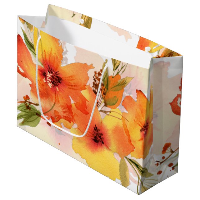 Grand Sac Cadeau Orange aquarelle automne floral (Devant Angle)