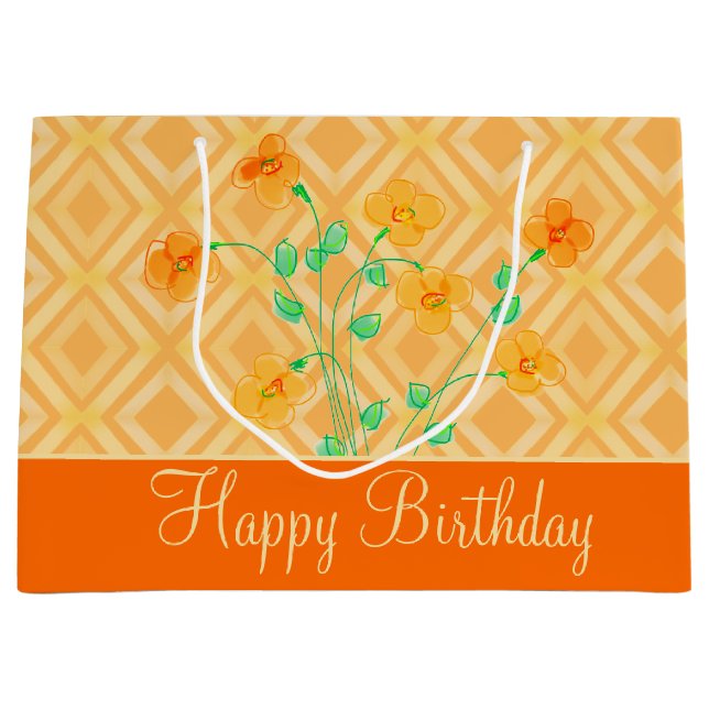 Grand Sac Cadeau Orange Fleurs Joyeux Anniversaire (Devant)