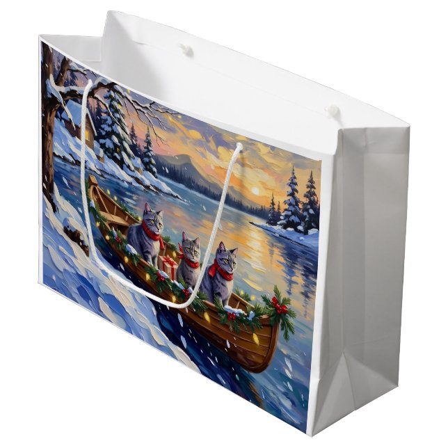 Grand Sac Cadeau Oriental Blue Cat Christmas Boat Holiday (Devant Angle)