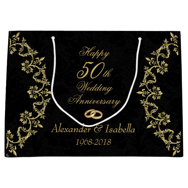Grand Sac Cadeau Ornate Gold sur Black 50e anniversaire Mariage (Devant)