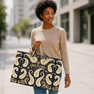 Grand Sac Cadeau Ornement Paisley Foncé Persan Héritage Or en Vieil