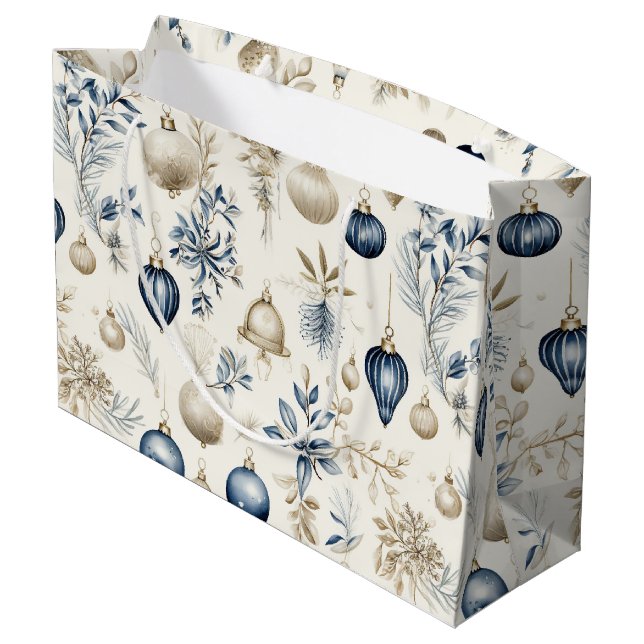 Grand Sac Cadeau Ornements de Noël bleu et beige (Dos Angle)