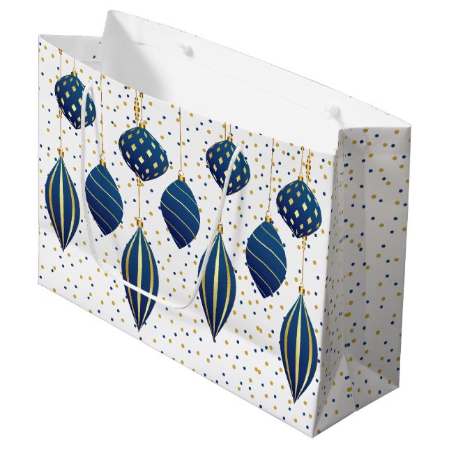 Grand Sac Cadeau Ornements de Noël Bleu Or (Devant Angle)