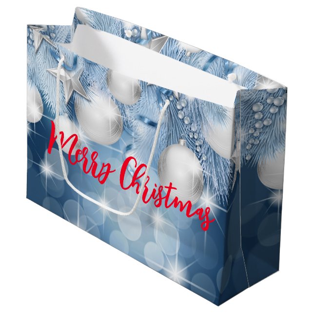 Grand Sac Cadeau Ornements de Noël bleus (Devant Angle)