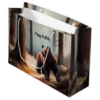 Grand Sac Cadeau Ours d'aquarelle Brown rustique