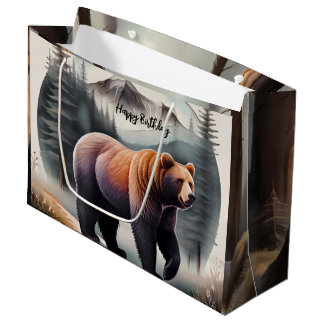 Grand Sac Cadeau Ours d'aquarelle Brown rustique