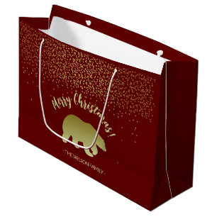 Grand Sac Cadeau Ours De Noël Or Et Bourgogne