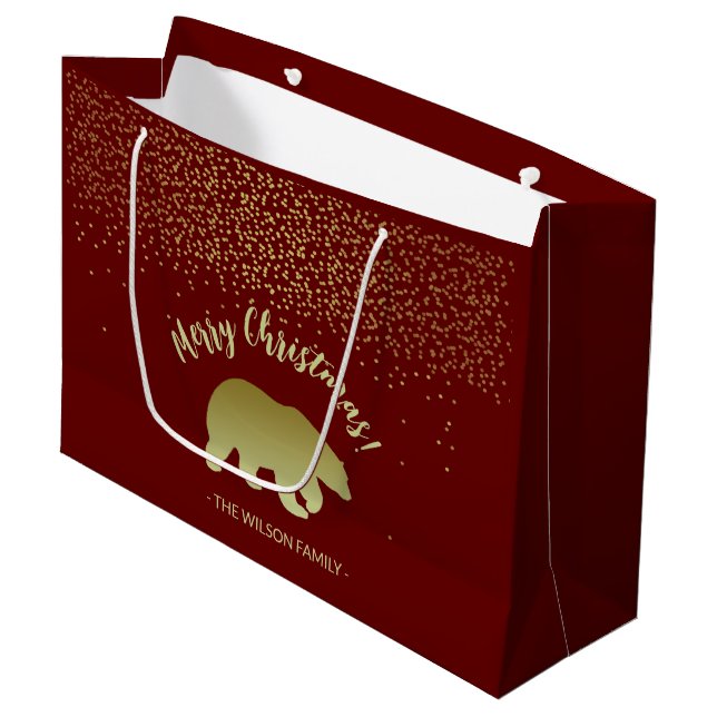Grand Sac Cadeau Ours De Noël Or Et Bourgogne (Devant Angle)
