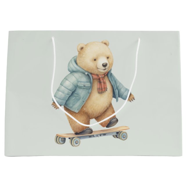 Grand Sac Cadeau Ours en peluche sur planche à roulettes (Devant)