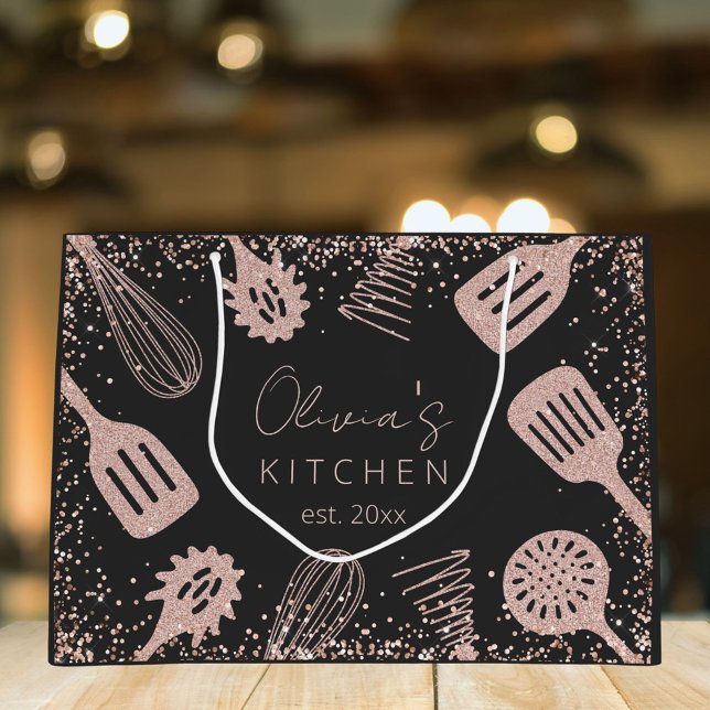 Grand Sac Cadeau Outils de Cuisine de Parties scintillant d'or Rose (Close up)