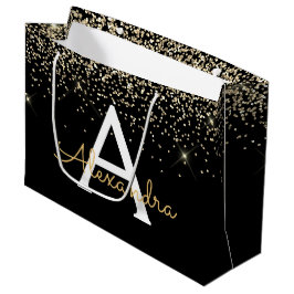 Grand Sac Cadeau Pailleté de luxe noir or Monogramme