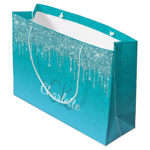Grand Sac Cadeau Paillettes bleu sarcelle gouttes monogramme scinti