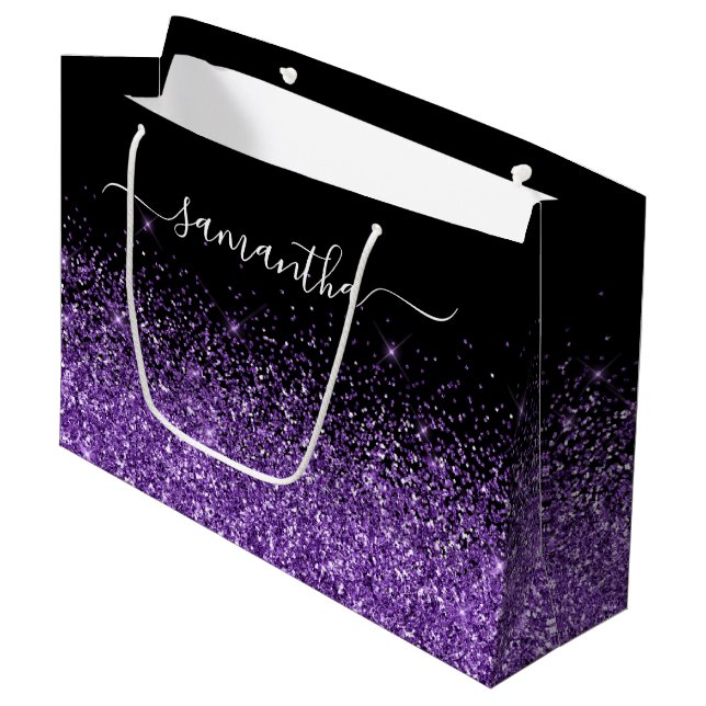 Grand Sac Cadeau Paillettes Noir et Violet Royal Élégant Nom (Devant Angle)