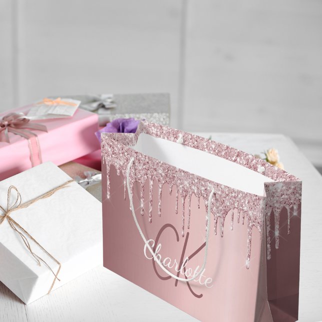 Grand Sac Cadeau Paillettes rose poudré coulées monogramme élégant  (Créateur téléchargé)