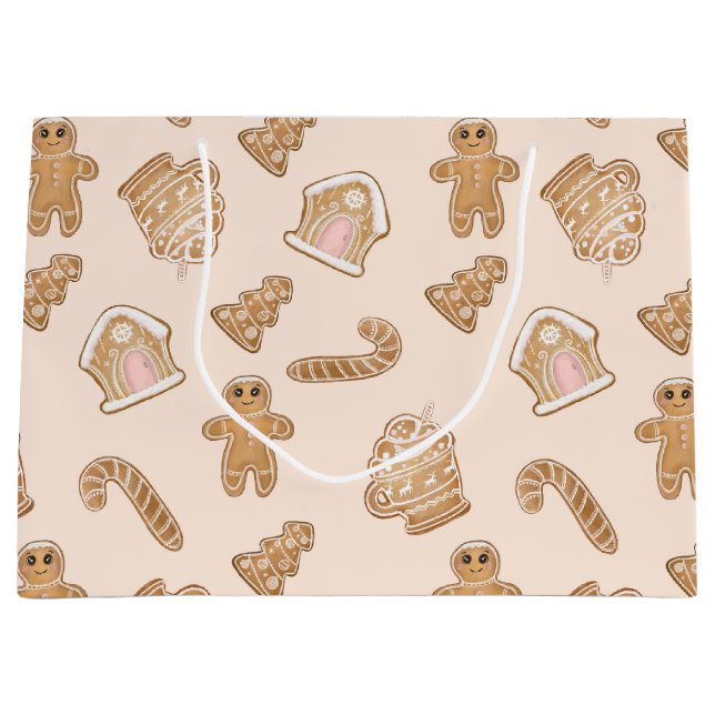 Grand Sac Cadeau Pain d'épices rose doux motif de Noël (Devant)