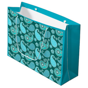 Grand Sac Cadeau Paisley motif, Turquoise, Aqua et Blanc