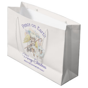 Grand Sac Cadeau Paix sur Terre Pasteur Ange avec Agneaux